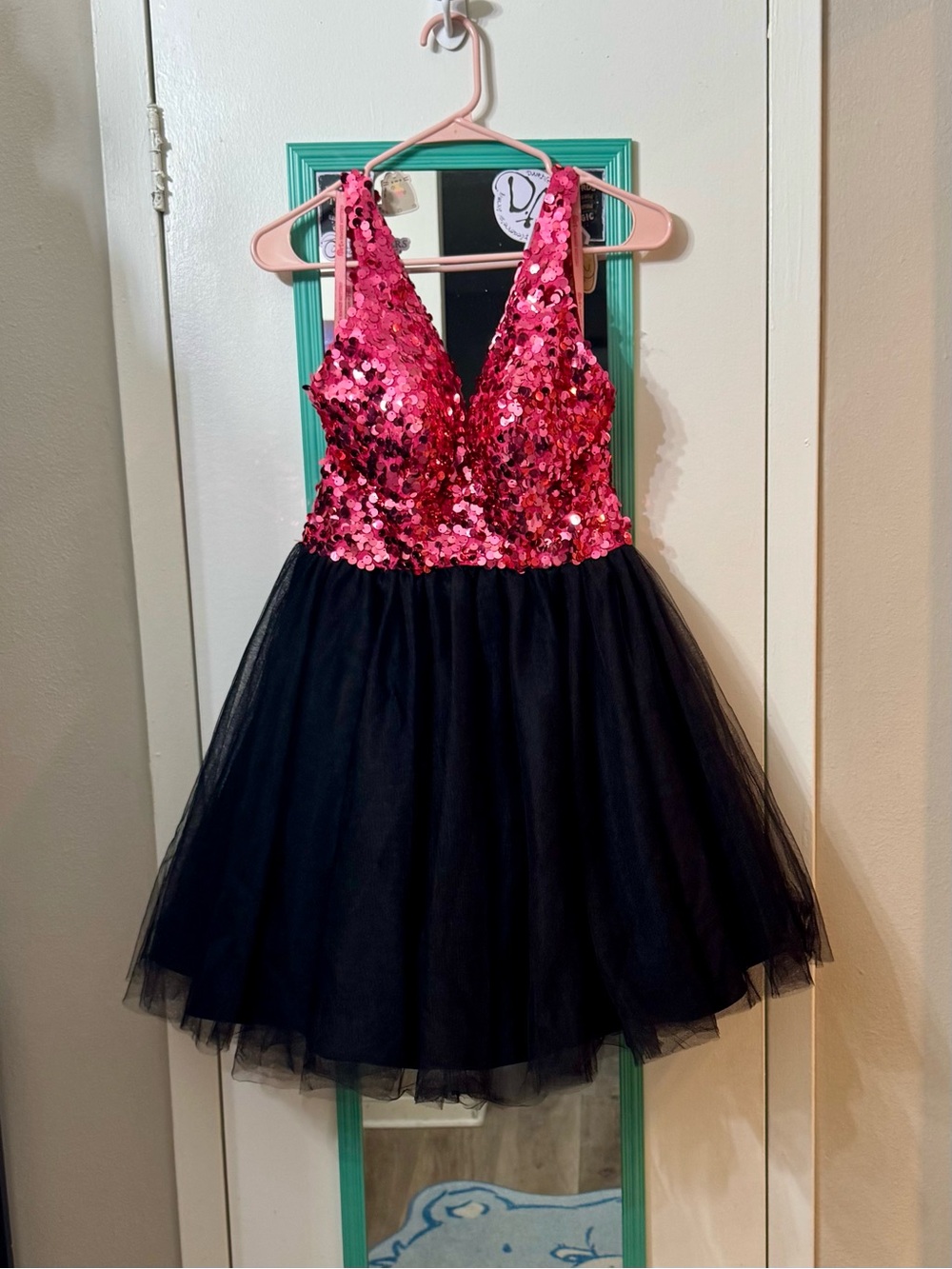 Sequin V-Neck Prom Dress in Hot Pink and Black